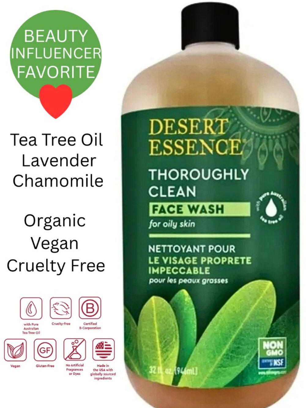 Desert Essence Clean Face Wash - Oily Skin - HUGE--32 oz NEW SEALED + FREE GIFT